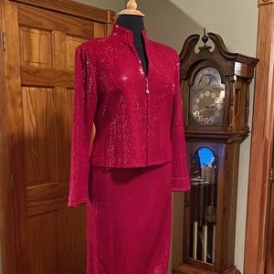 St John EVENING gorgeous Red paillette (sparkle) sz16 Jacket/long skirt formal
